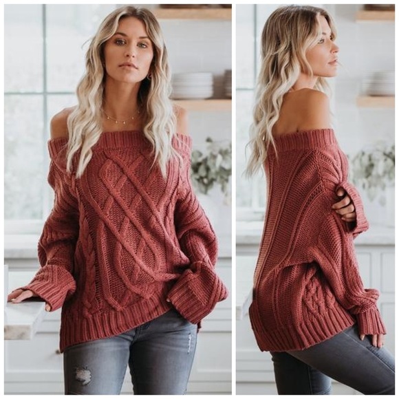 Vici Sweaters - Vici Collection red bean off shoulder knit sweater